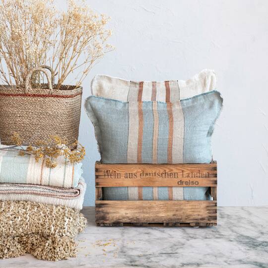 Hello Honey® 20" Cream & Brown Striped Woven Linen Fringed Pillow